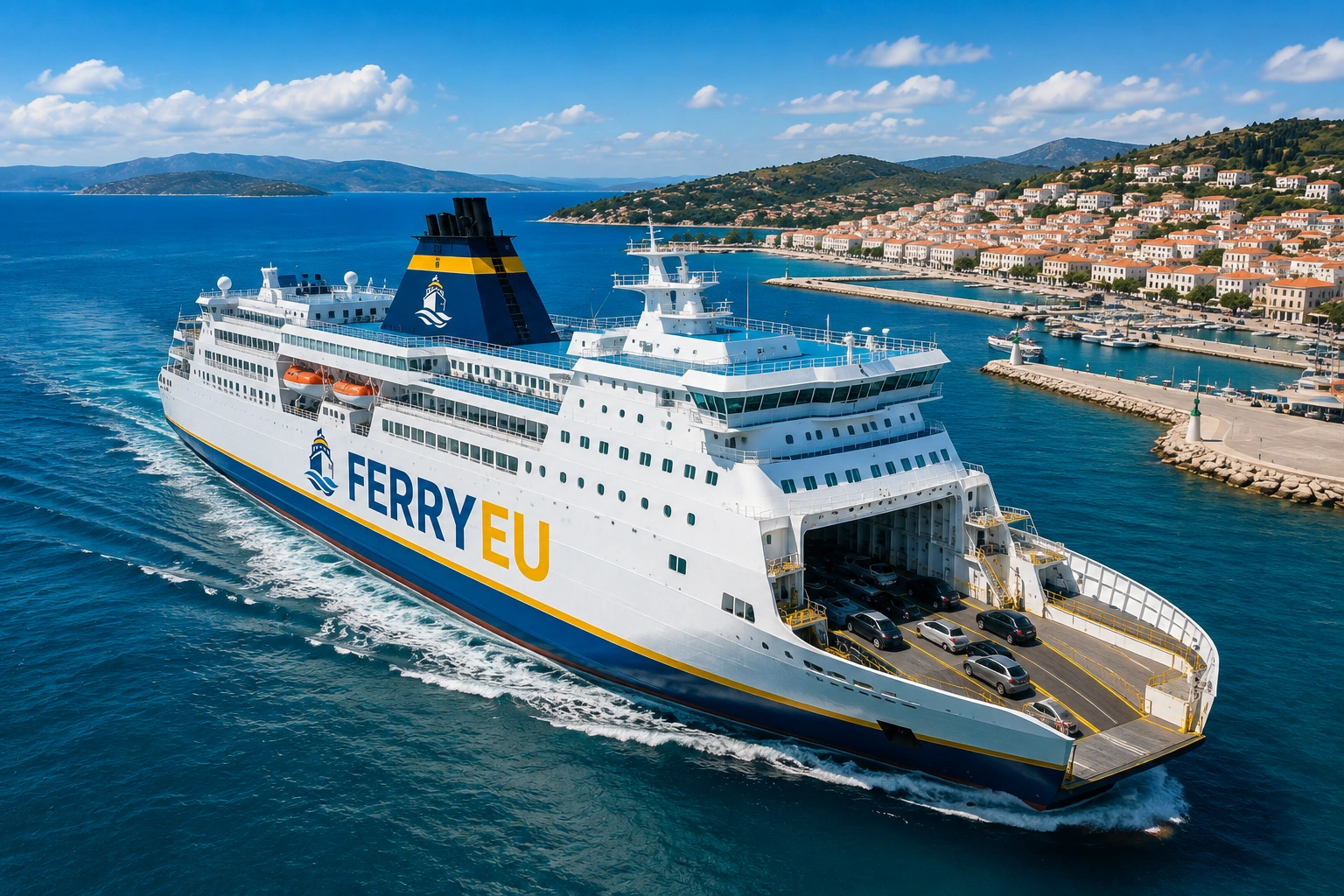 passagerfærge som sejler ved en europæisk kysthavn
